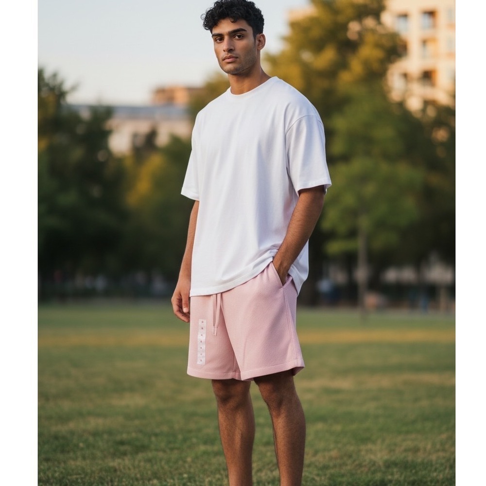 Amongst Others Mens Pink Waffle Knit Drawstring Gym Sweat Shorts Loungewear M - Picture 2 of 11